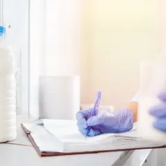 Controllo qualità del latte: un tecnico con guanti blu scrive appunti su un quaderno, accanto a bottiglie di latte.