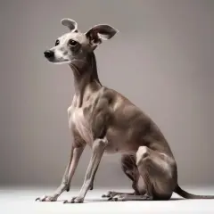 Ein schlanker Windspiel-Hund sitzt elegant, seine Ohren aufmerksam gespitzt.