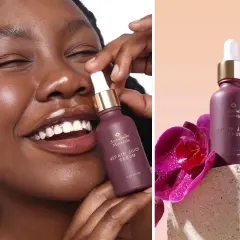 Uśmiechnięta kobieta trzyma serum z 0.3% retinolem. Dowiedz się, retinol co to i jak działa.