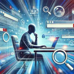 Człowiek przy laptopie, otoczony ikonami wyszukiwarek internetowych i lupami, symbolizuje poszukiwanie informacji w cyfrowym świecie.