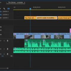 Premiere Pro auto captions are being edited. The "Captions" tab shows transcribed text and timeline markers for "The Climber" video.