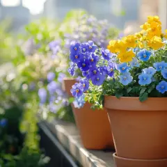 Des pots de fleurs de printemps débordent de pensées bleues, violettes et jaunes sur un balcon ensoleillé.