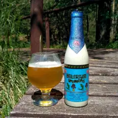 Piwo Delirium Tremens w szklance i butelce, na drewnianym tarasie wśród zieleni.