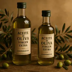 Dos botellas de aceite de oliva virgen extra, con ramas de olivo y aceitunas verdes. Un producto de calidad, una auténtica fuente de oliva.