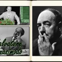 Ritratto di Salvatore Quasimodo, poeta. Tre immagini lo ritraggono: affacciato a una finestra, pensieroso e con una sigaretta.