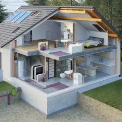 Przekrój domu 60m2 z systemem ogrzewania podłogowego i pompą ciepła. Idealne rozwiązanie, jakie ogrzewanie do domu 60m2.