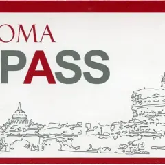 ROMA PASS: un pass per scoprire la città eterna, con uno skyline stilizzato di monumenti romani.