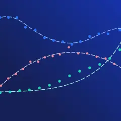 Grafico a linee con tre curve tratteggiate colorate (blu, rosa, verde) che mostrano tendenze e intersezioni su sfondo blu scuro.