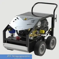 Benzin Hochdruckreiniger mit robustem Rahmen, Rädern und Motor. Ideal für professionelle Reinigungsarbeiten.