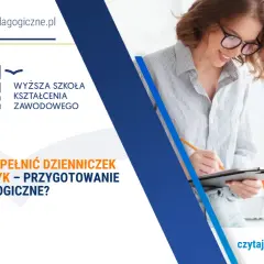 Kobieta w okularach pisze na klawiaturze, obok dziennik praktyk.