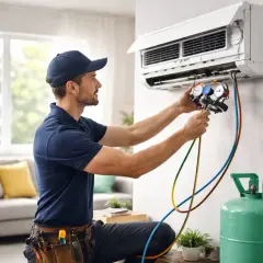 Technicien vérifiant la pression d'un climatiseur, une question fréquente quand recharger clim maison. Un manomètre est connecté à l'unité.