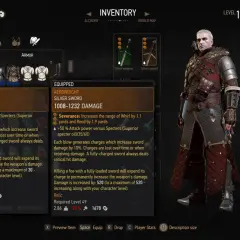 Geralt w ekwipunku Wiedźmin 3, z Aerondightem, srebrnym mieczem, który jest kluczem do ścieżki przeznaczenia.