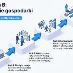 Bank centralny obniża stopy, co napędza gospodarkę: tanie kredyty, wzrost konsumpcji i inwestycji, a w efekcie ożywienie.