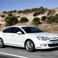 Biały sedan Citroën C5 w ruchu na drodze z pagórkowatym, zadrzewionym krajobrazem w tle.