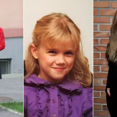 Trzy zdjęcia Bożenki z Klanu: jako dziecko, nastolatka w szkolnym mundurku i młoda kobieta.