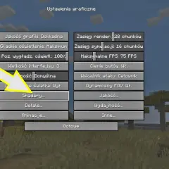 Ustawienia graficzne w Minecraft z Optifine 1.20.1, gdzie zaznaczono opcję "Shadery...".