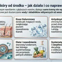 Kolagen wspiera elastyczność skóry, a kwas hialuronowy nawadnia tkanki. Antyoksydanty chronią przed utratą nawilżenia. Dieta i suplementacja to klucz do nawilżenia od środka.