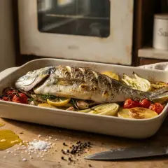 Dorade royale entière, rôtie au four avec des pommes de terre, tomates cerises, fenouil et citron. Un plat savoureux prêt à être dégusté.