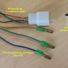 Przewody do 3 czujników Halla i jeden z nich. Główne przewody zasilające (fazowe) podłączone do złącza.