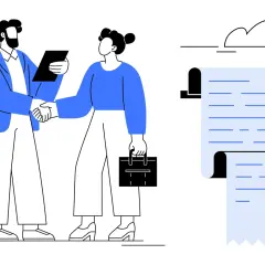Dos personas se dan la mano mientras un documento con una marca de verificación indica que firmar por orden es legal.