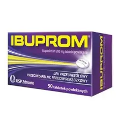 Opakowanie leku Ibufen, zawierające 50 tabletek powlekanych, z napisem "IBUPROM" i informacją o działaniu przeciwbólowym.