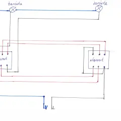 Schemat instalacji elektrycznej z dwoma wyłącznikami i żarówkami.