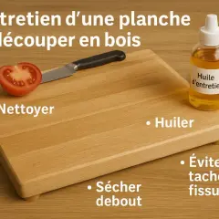 Planche à découper en bois avec une tomate, un couteau, une huile d'entretien et un chiffon. Conseils pour huiler le bois et éviter les taches.