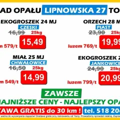 Ceny węgla: ekogroszek od 579 zł/t, orzech od 769 zł/t, miał od 549 zł/t. Dostawa gratis do 30 km.