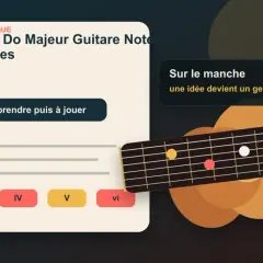 Fiche pratique sur la gamme Do Majeur pour guitare. Le manche de la guitare montre des notes pour apprendre la gamme.