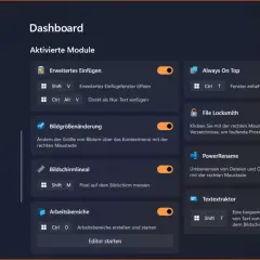 Dashboard der PowerToys mit aktivierten Modulen wie "Always On Top" und "PowerRename".