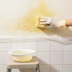 Mano con guanto pulisce macchie gialle su cartongesso con una spugna. Sotto, piastrelle bianche e una bacinella d'acqua.