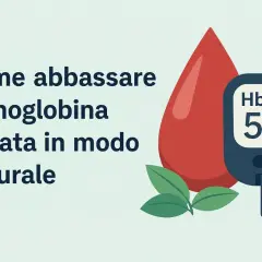 Come abbassare velocemente l'emoglobina glicata in modo naturale: un misuratore HbA1c, una goccia di sangue e foglie verdi.