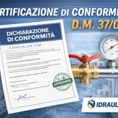 Certificazione di conformità impianto idraulico con manometro e valvola. Documento "Dichiarazione di Conformità" approvato.