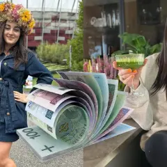 Ania z Rolnik szuka żony w wianku i dżinsowej sukience, obok stos banknotów. Po drugiej stronie Ania z zielonym koktajlem.