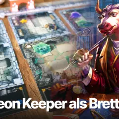 Ein detailreiches Dungeon-Crawler-Brettspiel mit Goblins, Schätzen und einem stilvollen Bullen-Charakter.