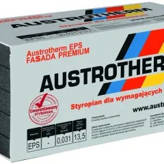 Opakowanie styropianu Austrotherm EPS Fasada Premium, z widocznym oznaczeniem EPS i parametrami technicznymi.