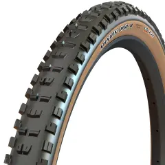 Close-up of a Maxxis Minion DHR II tire with tan sidewalls, ready for trail riding. Many riders praise these for their grip.