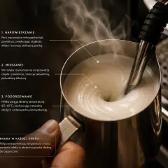 Mleko wiruje w dzbanku, tworząc idealną piankę do cappuccino. Proces napowietrzania, mieszania i podgrzewania sprawia, że czy cappuccino się miesza, uzyskując aksamitną teksturę.