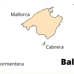 Mapa przedstawia Baleary, archipelag wysp Hiszpanii: Majorkę, Minorkę, Ibizę, Formenterę i Cabrerę.
