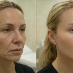 Före- och efterbilder visar en kvinna med slätare hud efter behandling. Frågan om profhilo hur ofta är relevant för att uppnå sådana resultat.