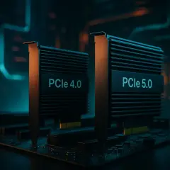 Zwei PCIe-Karten, PCIe 4.0 und PCIe 5.0, stehen nebeneinander auf einer Leiterplatte.