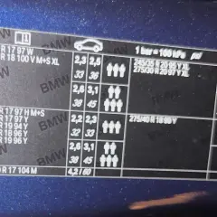 Naklejka BMW z informacją o ciśnieniu w oponach. Dla rozmiaru 225/55 R17, ciśnienie wynosi 2,3-2,5 bar (33-36 psi) przy obciążeniu do 3 osób.