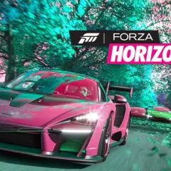 Ein pinker McLaren Senna rast durch eine bunte Landschaft. Der Schriftzug "Forza Horizon 5" ist prominent platziert, was auf einen Test des Spiels hindeutet.
