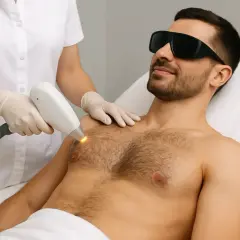Mężczyzna w okularach ochronnych poddaje się zabiegowi depilacji laserowej klatki piersiowej. Specjalistka w rękawiczkach używa urządzenia emitującego światło.