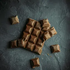 Tableta de chocolate rota y trozos sueltos sobre fondo oscuro. ¡Sí, puedo llevar chocolates en la maleta de mano!