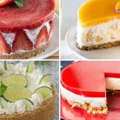 Quattro cheesecake: fragola, pesca, lime e gelatina rossa. Ogni topping cheesecake è un'opera d'arte.