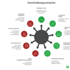 Umschuldungsszenarien: Niedrigere Zinsen, verbesserte Bonität, hohe Raten, Auslaufende Zinsbindung, Schuldenkonsolidierung, hohe Vorfälligkeitsentschädigung, schlechtere Bonität, mangelnde Transparenz. Keine Bank will umschulden.