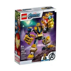 Zestaw LEGO 76141: Thanos Mech z Rękawicą Nieskończoności, gotowy do walki z Avengersami.
