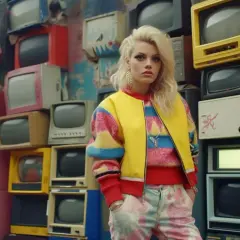 Stylizacja w stylu lat 80. na tle stosu kolorowych telewizorów. To jak pierwsza reklama w Polsce, która przyciąga wzrok!