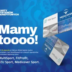 Karty MultiSport, FitProfit, PZU Sport i Medicover Sport na niebieskim tle z motywami wodnymi.